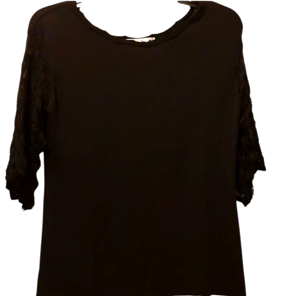 Vintage Joseph A Black Sweater with Crochet Sleeves L EUC